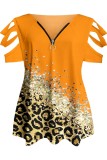 Orange Casual Print Hollowed Out Patchwork Zipper V Neck Plus Size Tops