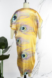 Gul Casual Print Patchwork Asymmetrisk V-hals oregelbunden klänning klänningar