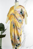 Gul Casual Print Patchwork Asymmetrisk V-hals oregelbunden klänning klänningar