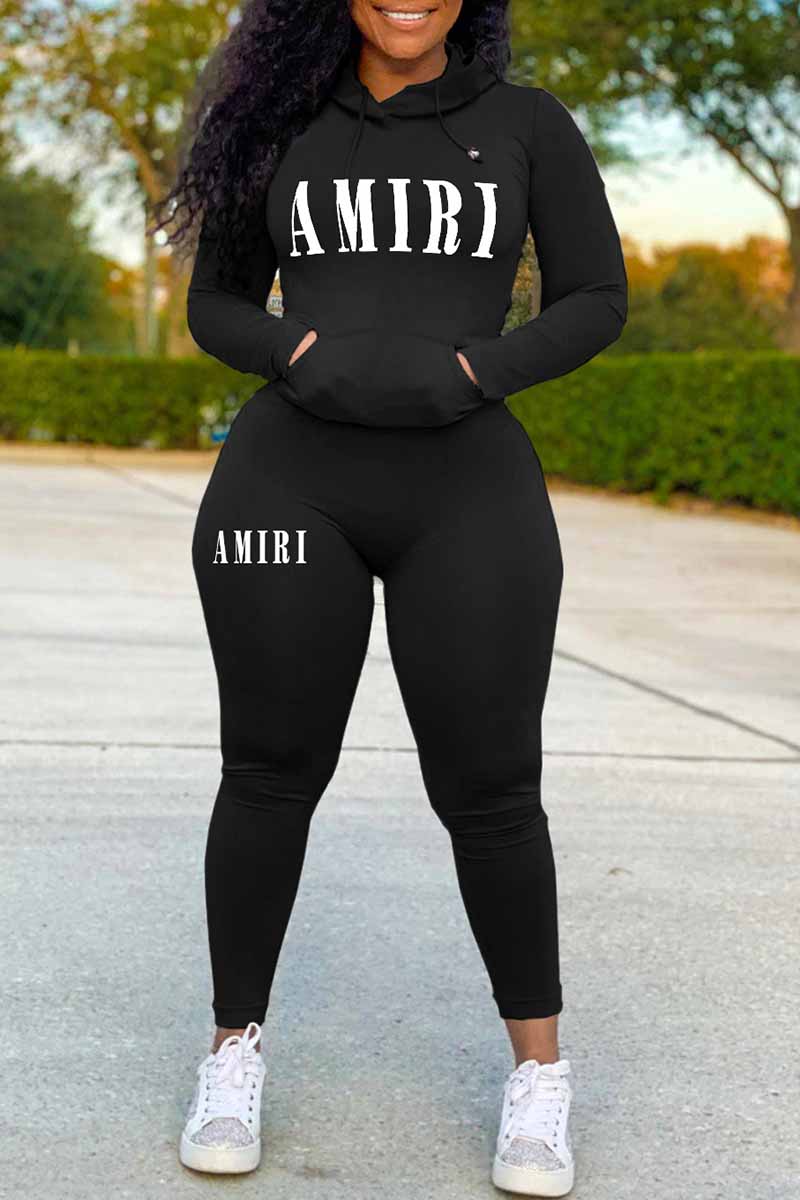 

Black Casual Print Letter Hooded Collar Long Sleeve Two Pieces