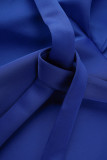 Royal blu elegante patchwork solido con abiti da sera con scollo a V e fiocco