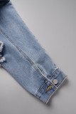 Giacca di jeans azzurra casual tinta unita strappato patchwork colletto rovesciato manica lunga normale