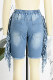 Голубые уличные однотонные прямые джинсовые шорты с рваными краями и высокой талией в стиле пэчворк