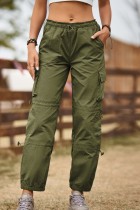 Pantalones de color sólido convencional de cintura alta regular con cordón de dibujo sólido informal verde militar