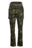 Pantalones de cintura alta regulares con estampado de camuflaje casual verde militar