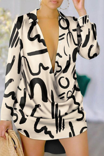 Black Apricot Sexy Casual Elegant Print Buttons V Neck Shirt Dress Dresses