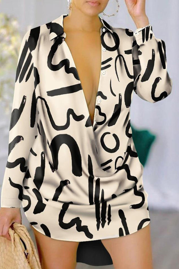 Черное абрикосовое сексуальное повседневное элегантное платье-рубашка с пуговицами и V-образным вырезом