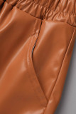 Темно-коричневые сексуальные сплошные лоскутные обычные однотонные шорты с высокой талией