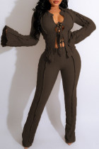 Brownness Sexy Casual Work Solid Patchwork Frenulum Turndown Collar Long Sleeve Two Pieces