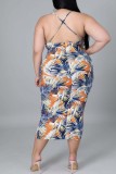 Oranje Sexy Casual Print Backless O-hals Sling-jurk Grote maten jurken