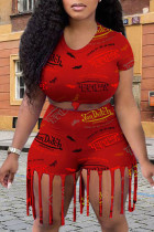 Red Casual Street Print Tassel O Neck Short Sleeve Two Pieces
