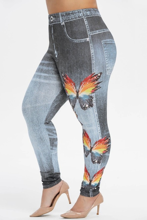 Graue Casual-Print-Basic-Skinny-Hosen mit hoher Taille und durchgehendem Print