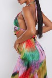 Multicolor Sexy Casual Print Bandage Backless Halter Sleeveless Two Pieces
