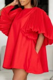 Red Casual Solid Patchwork Fold O Neck Lantern Skirt Dresses