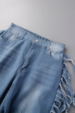 Голубые уличные однотонные прямые джинсовые шорты с рваными краями и высокой талией в стиле пэчворк