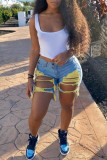 Yellow Casual Solid Ripped High Waist Skinny Denim Shorts