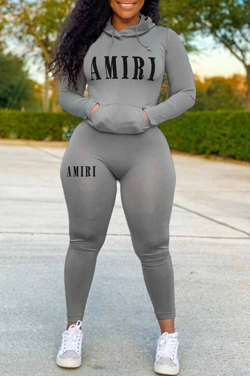 

Grey Casual Print Letter Hooded Collar Long Sleeve Two Pieces