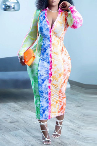 Gradient Color Casual Street Gradual Change Print Buckle Contrast V Neck Wrapped Skirt Dresses
