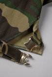 Verde militare Casual Stampa mimetica Patchwork Dolcevita senza maniche Due pezzi (senza cintura)