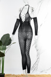 Black Sexy Solid Hollowed Out See-through Backless Halter Skinny Jumpsuits