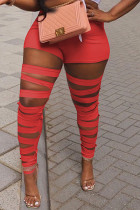 Pantalon décontracté solide patchwork skinny taille haute crayon couleur unie rouge