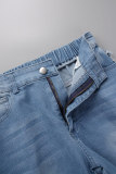 Pantaloncini di jeans dritti a vita alta con patchwork strappati a tinta unita azzurri