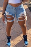 Light Blue Casual Solid High Waist Distressed Ripped Skinny Denim Shorts