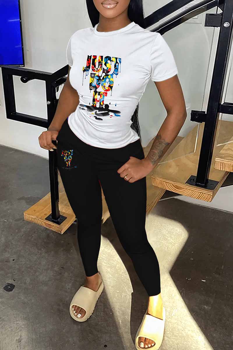 

Black Casual Print Letter O Neck Short Sleeve Two Pieces
