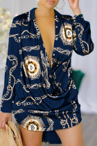 Blaue, sexy, lässige, elegante Hemdblusenkleider mit Druckknöpfen und V-Ausschnitt