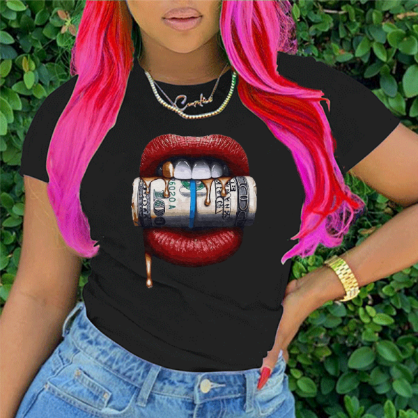 Zwarte casual Street Lips bedrukte patchwork T-shirts met O-hals