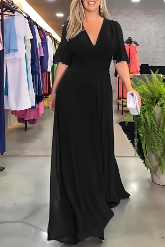 Black Casual Solid Patchwork V Neck Long Dress Dresses