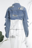 Light Blue Casual Solid Patchwork Turndown Collar Long Sleeve Regular Distressed Ripped Cropped Denim Jacket