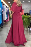 Pink Casual Solid Patchwork V Neck Long Dress Dresses
