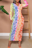 Gradient Färg Casual Street Gradvis Change Print Spänne Kontrast V-hals omslagna kjolklänningar