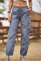 Pantalones casuales de color liso convencional de cintura alta con cordón de dibujo sólido gris