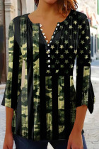 Ink Green Casual Flag Stars Print V Neck Three Quarter Sleeve Buttons Women's Blouse