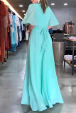 Голубое повседневное однотонное длинное платье в стиле пэчворк с V-образным вырезом Платья