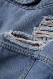 Giacca di jeans azzurra casual tinta unita strappato patchwork colletto rovesciato manica lunga normale