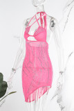 Rosa sexy Patchwork-Festkleid mit heißem Bohren, rückenfrei, Spaghettiträger, unregelmäßiges Kleid