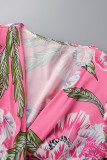 Diep roze casual print uitgehold patchwork V-hals normale romper