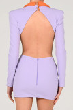 Purple Sexy Casual Celebrities Color Lump Hollowed Out Buttons Contrast Turn-back Collar One Step Skirt Dresses