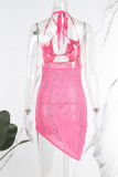 Rosa sexy Patchwork-Festkleid mit heißem Bohren, rückenfrei, Spaghettiträger, unregelmäßiges Kleid