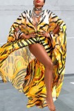 Yellow Casual Print Cardigan V Neck Outerwear