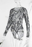 Zwarte sexy print patchwork doorzichtige skinny bodysuits met o-hals