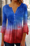 Blue Red Casual Print Patchwork Buttons V Neck Tops