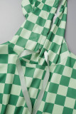 Grön Casual Plädtryck Basic Hooded Collar Half Sleeve Två delar