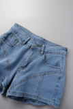 Short en jean taille haute patchwork uni bleu ciel
