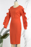 Mandarinenrotes, elegantes, einfarbiges Patchwork-Kleid mit fadenförmiger Selvedge, O-Ausschnitt und einstufigem Rock