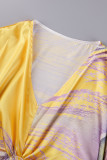 Yellow Casual Print Patchwork Asymmetrical V Neck Irregular Dress Dresses