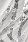 Blanc Sexy Patchwork Paillettes Transparent Dos Nu Sans Bretelles Robe Sans Manches Robes